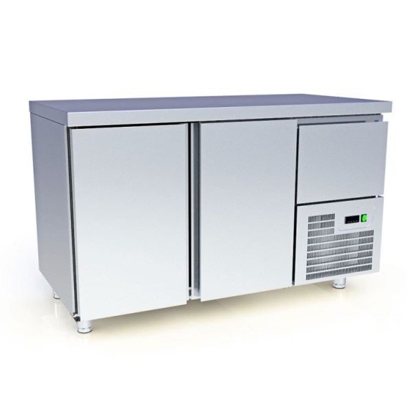 Ψυγείο πάγκος συντήρηση INOX 2 πόρτες 1 συρτάρι με συρταρωτή μηχανή TS-146